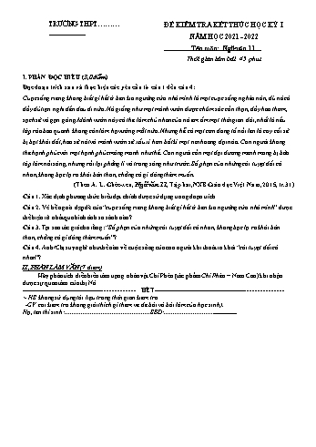 Đề kiểm tra kết thúc học kì 1 môn Ngữ văn Lớp 11 - Năm học 2021-2022 (Kèm hướng dẫn chấm)