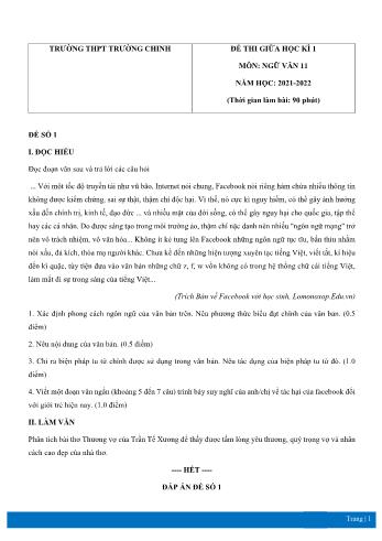 Đề thi giữa học kì 1 môn Ngữ văn Lớp 11 - Năm học 2021-2022 - Trường THPT Trường Chinh (Có đáp án)