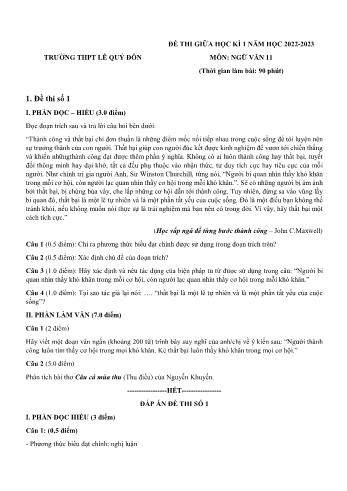 Đề thi giữa học kì 1 môn Ngữ văn Lớp 11 - Năm học 2022-2023 - Trường THPT Lê Quý Đôn (Có đáp án)