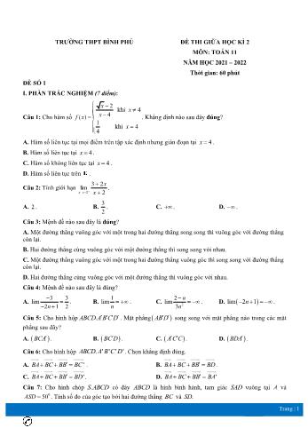 Đề thi giữa học kì 2 môn Toán Lớp 11 - Năm học 2021-2022 - Trường THPT Bình Phú (Có đáp án)