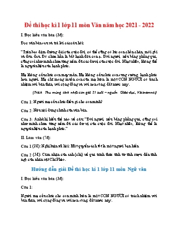 Đề thi học kì 1 môn Ngữ văn Lớp 11 - Đề 10 - Năm học 2021-2022 (Có hướng dẫn giải)