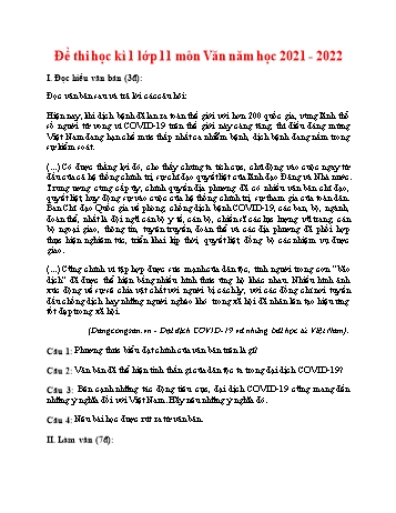 Đề thi học kì 1 môn Ngữ văn Lớp 11 - Đề 7 - Năm học 2021-2022 (Có hướng dẫn giải)