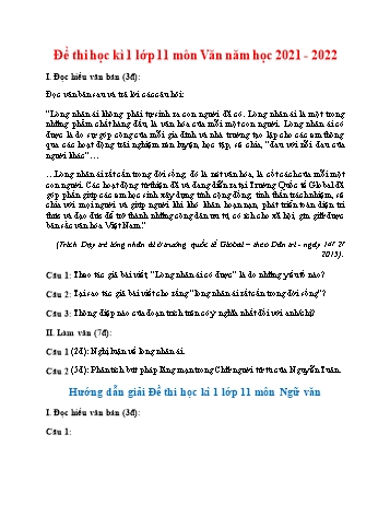 Đề thi học kì 1 môn Ngữ văn Lớp 11 - Đề 9 - Năm học 2021-2022 (Có hướng dẫn giải)