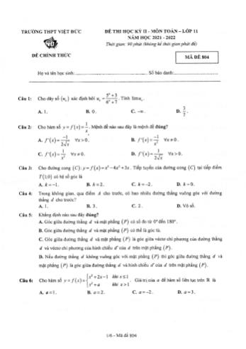 Đề thi học kì 2 môn Toán Khối 11 - Mã đề 804 - Năm học 2021-2022 - Trường THPT Việt Đức