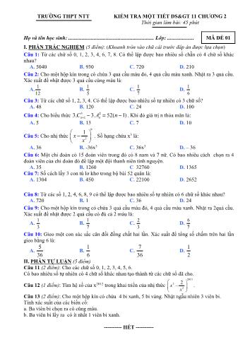Kiểm tra 1 tiết Giải tích Lớp 11 - Chương 2 - Mã đề 01 (Có đáp án)