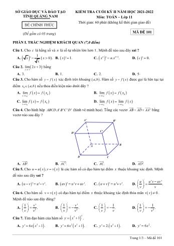 Kiểm tra cuối học kì 2 môn Toán Lớp 11 - Mã đề 101 - Năm học 2021-2022 - Sở GD&ĐT Quảng Nam (Có đáp án)