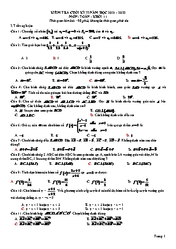 Kiểm tra cuối học kì 2 môn Toán Lớp 11 - Năm học 2021-2022 (Có đáp án)