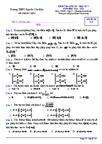 Kiểm tra giữa kì 1 môn Toán Lớp 11 - Mã đề 124 - Năm học 2021-2022 - Trường THPT Nguyễn Văn Khải