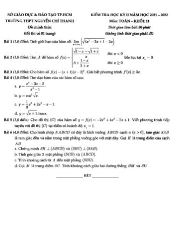 Kiểm tra học kì 2 môn Toán Khối 11 - Năm học 2021-2022 - Trường THPT Nguyễn Chí Thanh
