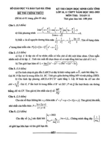 Kỳ thi chọn học sinh giỏi cấp tỉnh môn Toán Lớp 11 - Năm học 2021-2022 - Sở GD&ĐT Hà Tĩnh