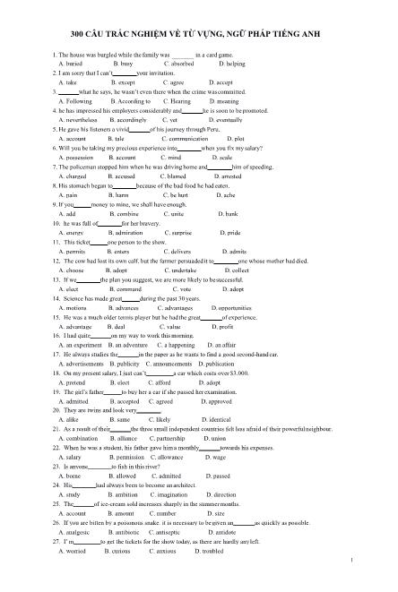 300 Câu trắc nghiệm về từ vựng, ngữ pháp Tiếng Anh Lớp 11 (Có đáp án)