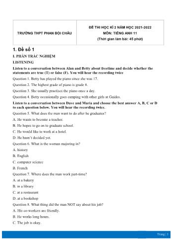 5 Đề thi học kì 2 Tiếng Anh Lớp 11 - Năm học 2021-2022 - Trường THPT Phan Bội Châu (Có đáp án)