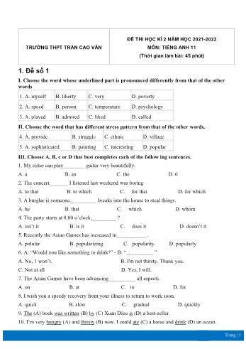 5 Đề thi học kì 2 Tiếng Anh Lớp 11 - Năm học 2021-2022 - Trường THPT Trần Cao Vân (Có đáp án)