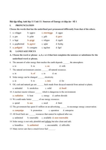 Bài tập Tiếng Anh Lớp 11 - Unit 11 Sources of energy - Đề số 1 (Có đáp án)