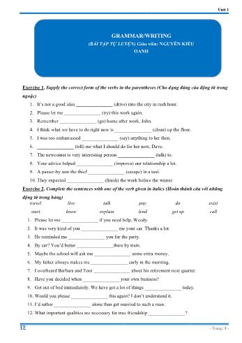 Bài tập tự luyện Tiếng Anh Lớp 11 - Unit 1 - Grammar, Writing (Có đáp án)