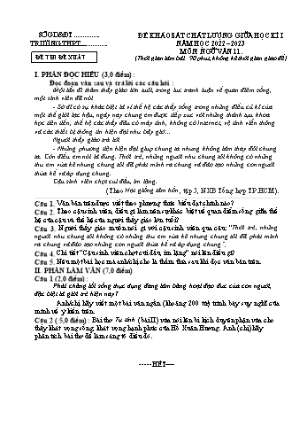 Đề khảo sát chất lượng giữa học kì 1 môn Ngữ văn Lớp 11 - Năm học 2022-2023 (Có hướng dẫn chấm)