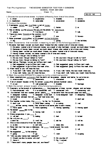 Đề kiểm tra cuối học kì 2 Tiếng Anh Lớp 11 - Mã đề 148 - Năm học 2021-2022 - Trường THPT Trần Phú (Có đáp án)