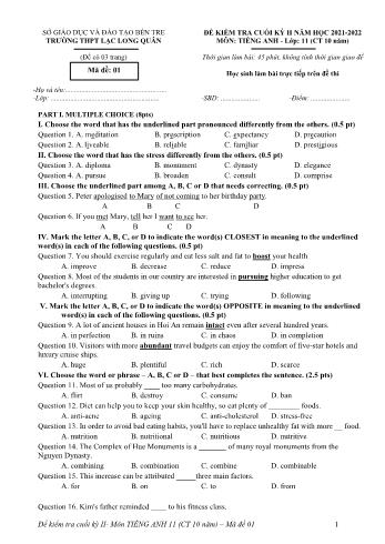 Đề kiểm tra cuối kì 2 Tiếng Anh Lớp 11 (Chương trình 10 năm) - Mã đề 01 - Năm học 2021-2022 - Trường THPT Lạc Long Quân
