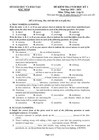 Đề kiểm tra cuối kì 2 Tiếng Anh Lớp 11 - Năm học 2021-2022 - Sở GD&ĐT Bắc Ninh (Có hướng dẫn chấm)