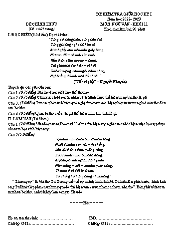 Đề kiểm tra giữa học kì 1 Ngữ văn Lớp 11 - Năm học 2022-2023 (Có hướng dẫn chấm)