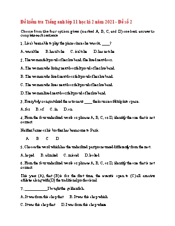 Đề kiểm tra học kì 2 Tiếng Anh Lớp 11 - Đề số 2 (Có đáp án)