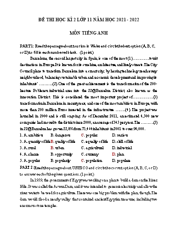 Đề thi học kì 2 Tiếng Anh Lớp 11 - Năm học 2021-2022 (Có đáp án)