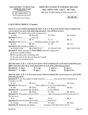Kiểm tra cuối kì 2 Tiếng Anh Lớp 11 (Hệ 7 năm) - Mã đề 501 - Năm học 2021-2022 - Sở GD&ĐT Quảng Nam (Có hướng dẫn chấm)