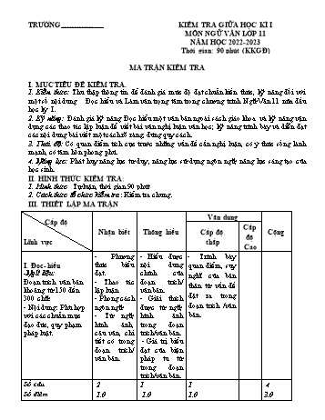 Kiểm tra giữa học kì 1 môn Ngữ văn Lớp 11 - Năm học 2022-2023 (Có hướng dẫn chấm)