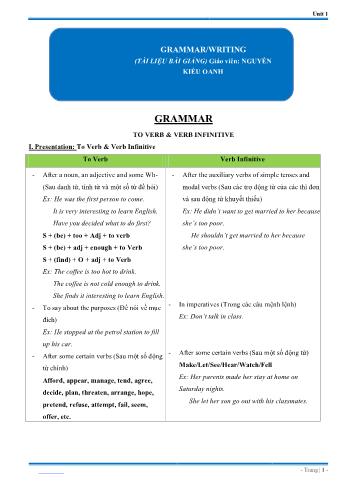 Tài liệu bài giảng Tiếng Anh Lớp 11 - Unit 1 - Grammar, Writing