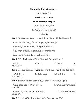 10 Đề thi giữa học kì 1 Địa lí Lớp 11 - Năm học 2021-2022