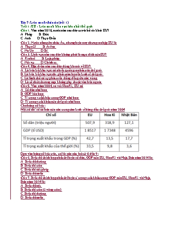 Bài tập trắc nghiệm Địa lí Lớp 11 - Bài 7: Liên minh châu Âu - Tiết 1: EU. Liên minh khu vực lớn nhất thế giới (Có đáp án)