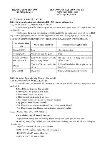 Đề cương ôn tập giữa học kì 1 Địa lí Lớp 11 - Năm học 2021-2022 - Trường THPT Yên Hòa