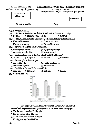 Đề kiểm tra giữa học kì 1 Địa lí Lớp 11 - Mã đề 101 - Năm học 2021-2022 - Trường THPT Thị xã Quảng Trị (Có đáp án)