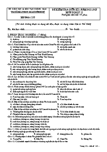 Đề kiểm tra giữa học kì 1 Địa lí Lớp 11 - Mã đề 153 - Năm học 2022-2023 - Trường THPT Nguyễn Huệ