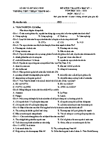 Đề kiểm tra giữa học kì 1 Địa lí Lớp 11 - Năm học 2021-2022 - Trường THPT Thuận Thành số 1 (Có đáp án)