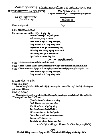 Đề kiểm tra giữa học kì 1 Ngữ văn Lớp 11 - Năm học 2021-2022 - Trường THPT Thị xã Quảng Trị (Có hướng dẫn chấm)