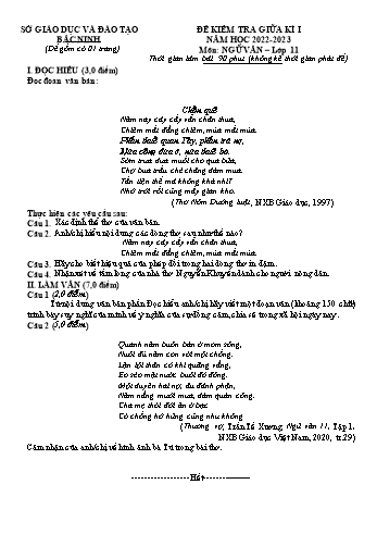 Đề kiểm tra giữa kì 1 Ngữ văn Lớp 11 - Năm học 2022-2023 - Sở GD&ĐT Bắc Ninh (Có hướng dẫn chấm)
