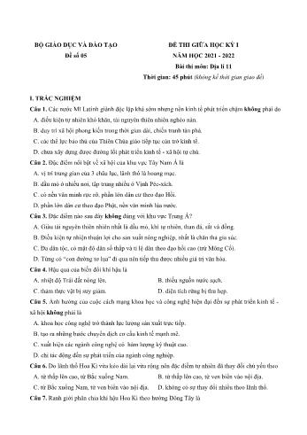 Đề thi giữa học kì 1 Địa lí Lớp 11 - Đề số 5 - Năm học 2021-2022 (Có đáp án)