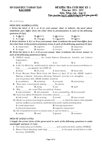 Đề kiểm tra cuối kì 1 Tiếng Anh Lớp 11 - Năm học 2021-2022 - Sở GD&ĐT Bắc Ninh (Có đáp án)