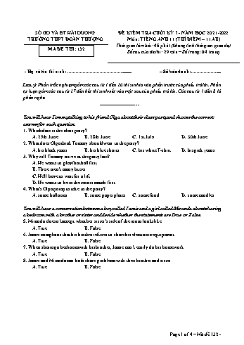 Đề kiểm tra cuối kì 1 Tiếng Anh Lớp 11 (Thí điểm) - Mã đề 132 - Năm học 2021-2022 - Trường THPT Đoàn Thượng (Có đáp án)