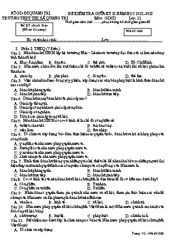 Đề kiểm tra giữa kì 2 Giáo dục công dân Lớp 11 (Lớp chiều) - Mã đề 006 - Năm học 2021-2022 - Trường THPT Thị xã Quảng Trị (Có đáp án)