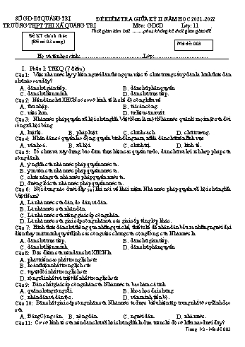 Đề kiểm tra giữa kì 2 Giáo dục công dân Lớp 11 (Lớp chiều) - Mã đề 003 - Năm học 2021-2022 - Trường THPT Thị xã Quảng Trị (Có đáp án)