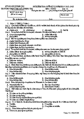 Đề kiểm tra giữa kì 2 Giáo dục công dân Lớp 11 (Lớp chiều) - Mã đề 002 - Năm học 2021-2022 - Trường THPT Thị xã Quảng Trị (Có đáp án)