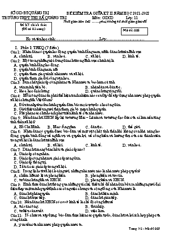 Đề kiểm tra giữa kì 2 Giáo dục công dân Lớp 11 (Lớp chiều) - Mã đề 005 - Năm học 2021-2022 - Trường THPT Thị xã Quảng Trị (Có đáp án)