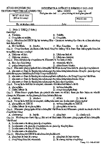 Đề kiểm tra giữa kì 2 Giáo dục công dân Lớp 11 (Lớp chiều) - Mã đề 001 - Năm học 2021-2022 - Trường THPT Thị xã Quảng Trị (Có đáp án)