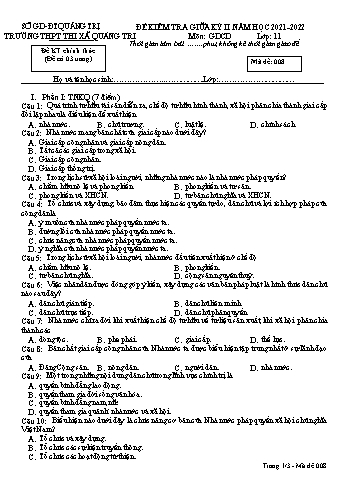 Đề kiểm tra giữa kì 2 Giáo dục công dân Lớp 11 (Lớp chiều) - Mã đề 008 - Năm học 2021-2022 - Trường THPT Thị xã Quảng Trị (Có đáp án)