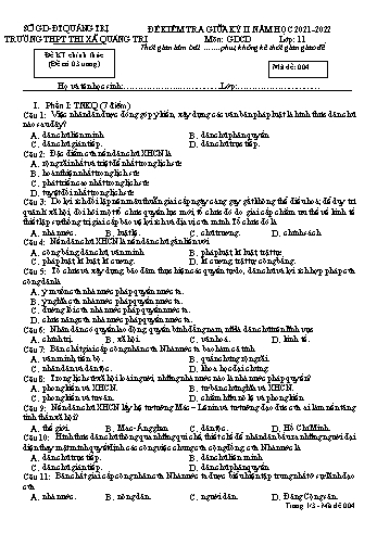 Đề kiểm tra giữa kì 2 Giáo dục công dân Lớp 11 (Lớp chiều) - Mã đề 004 - Năm học 2021-2022 - Trường THPT Thị xã Quảng Trị (Có đáp án)