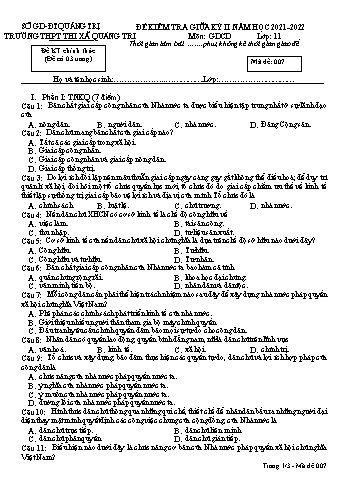 Đề kiểm tra giữa kì 2 Giáo dục công dân Lớp 11 (Lớp chiều) - Mã đề 007 - Năm học 2021-2022 - Trường THPT Thị xã Quảng Trị (Có đáp án)