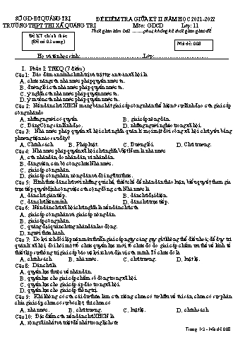 Đề kiểm tra giữa kì 2 Giáo dục công dân Lớp 11 (Lớp sáng) - Mã đề 008 - Năm học 2021-2022 - Trường THPT Thị xã Quảng Trị (Có đáp án)