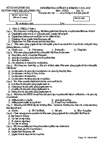 Đề kiểm tra giữa kì 2 Giáo dục công dân Lớp 11 (Lớp sáng) - Mã đề 005 - Năm học 2021-2022 - Trường THPT Thị xã Quảng Trị (Có đáp án)